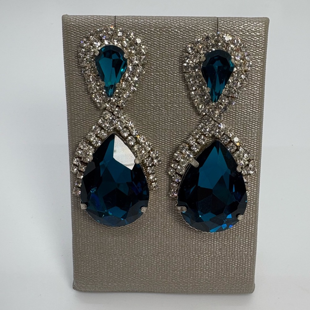 Silver Tone Teal Blue Crystals Teardrop Fashion Statement Earrings, Brand New